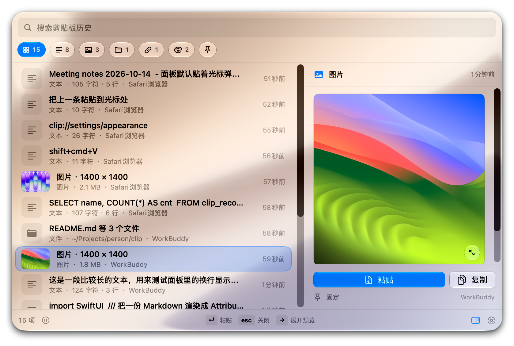 Clip 面板展开预览